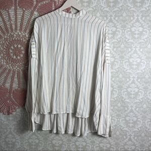 5/$30 Free People Mock Neck Shoulder Button Striped Blouse White S